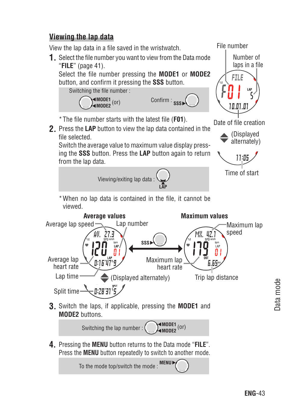 Data mode, Viewing the lap data | CatEye Q3 User Manual | Page 44 / 79