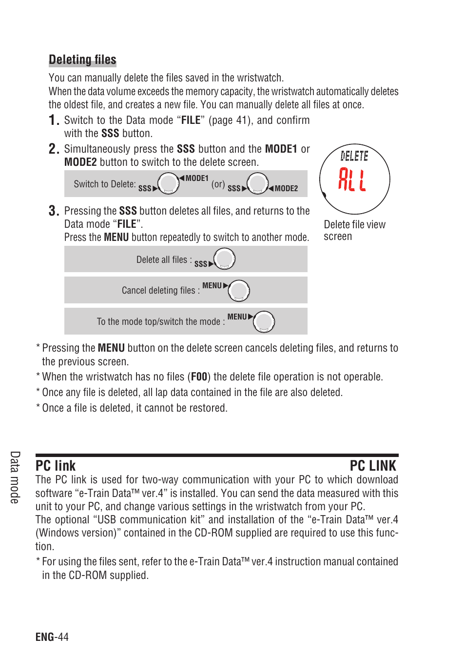 Pc link pc link, Pc link, Data mode deleting files | CatEye Q3 User Manual | Page 45 / 79