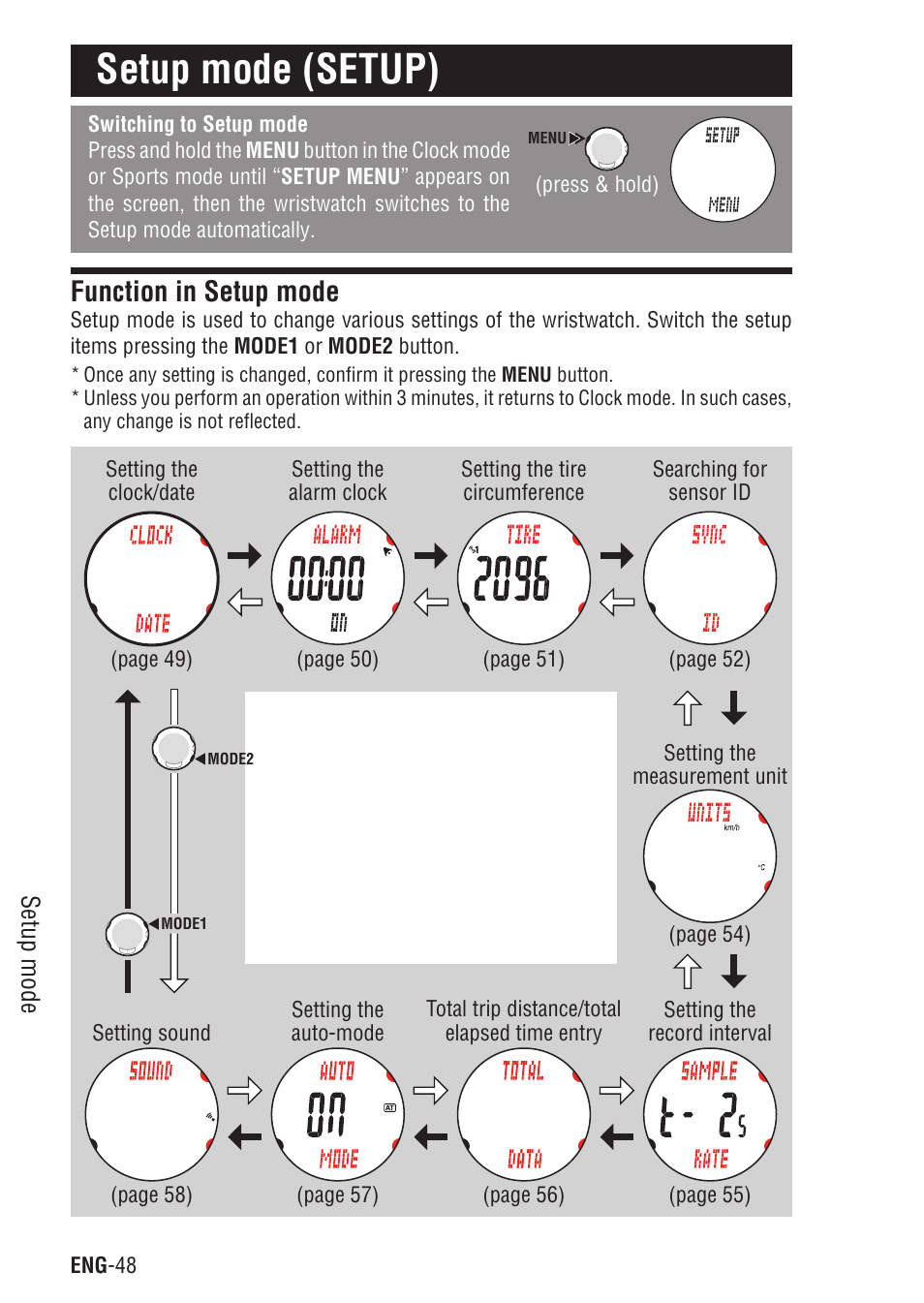 Setup mode (setup), Function in setup mode | CatEye Q3 User Manual | Page 49 / 79