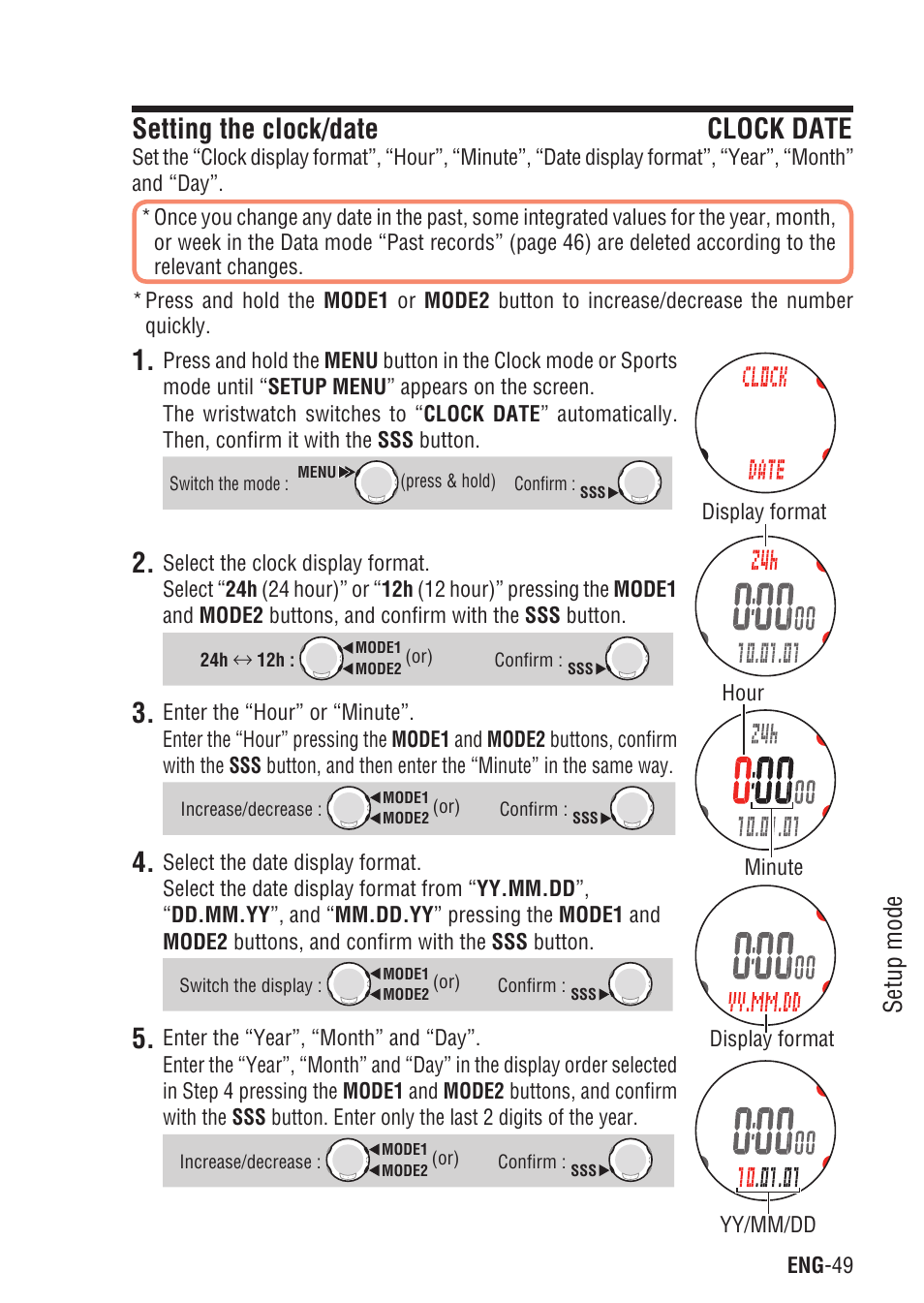 Setting the clock/date clock date, Setting the clock/date, Setup mode | CatEye Q3 User Manual | Page 50 / 79