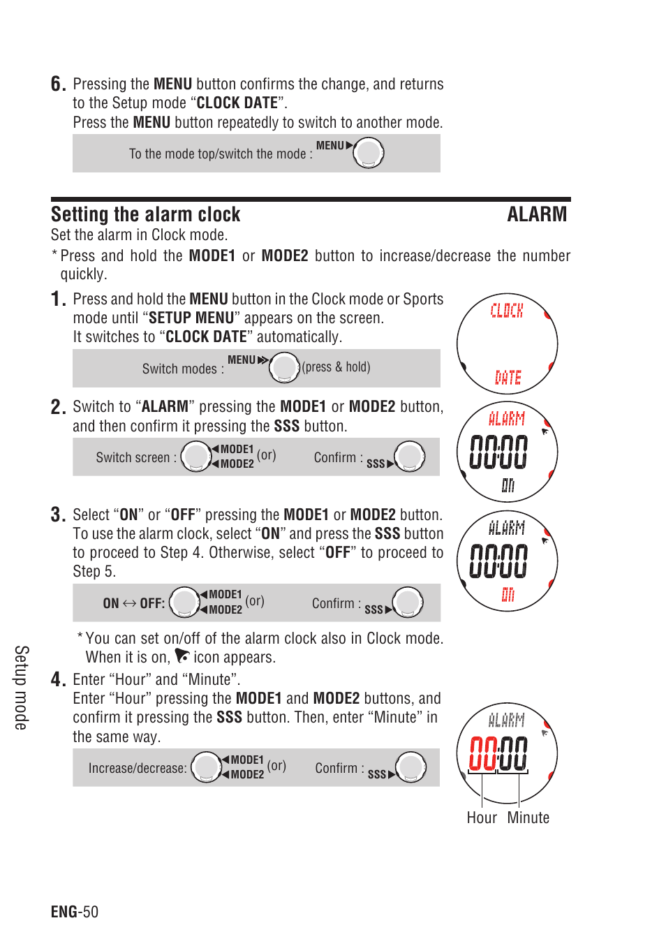 Setting the alarm clock alarm, Setting the alarm clock, Setup mode | CatEye Q3 User Manual | Page 51 / 79