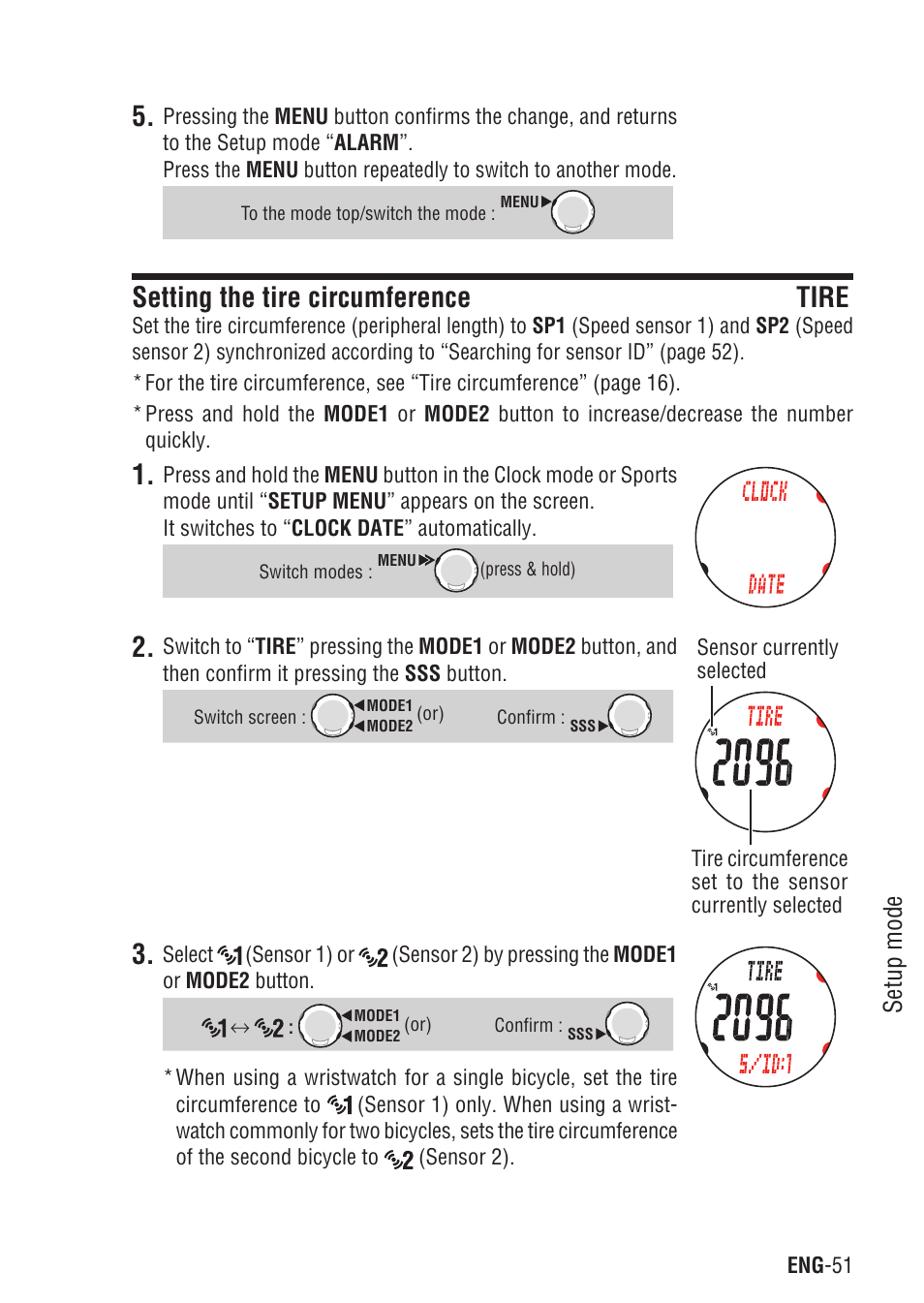 Setting the tire circumference tire, Setting the tire circumference, Setup mode | CatEye Q3 User Manual | Page 52 / 79