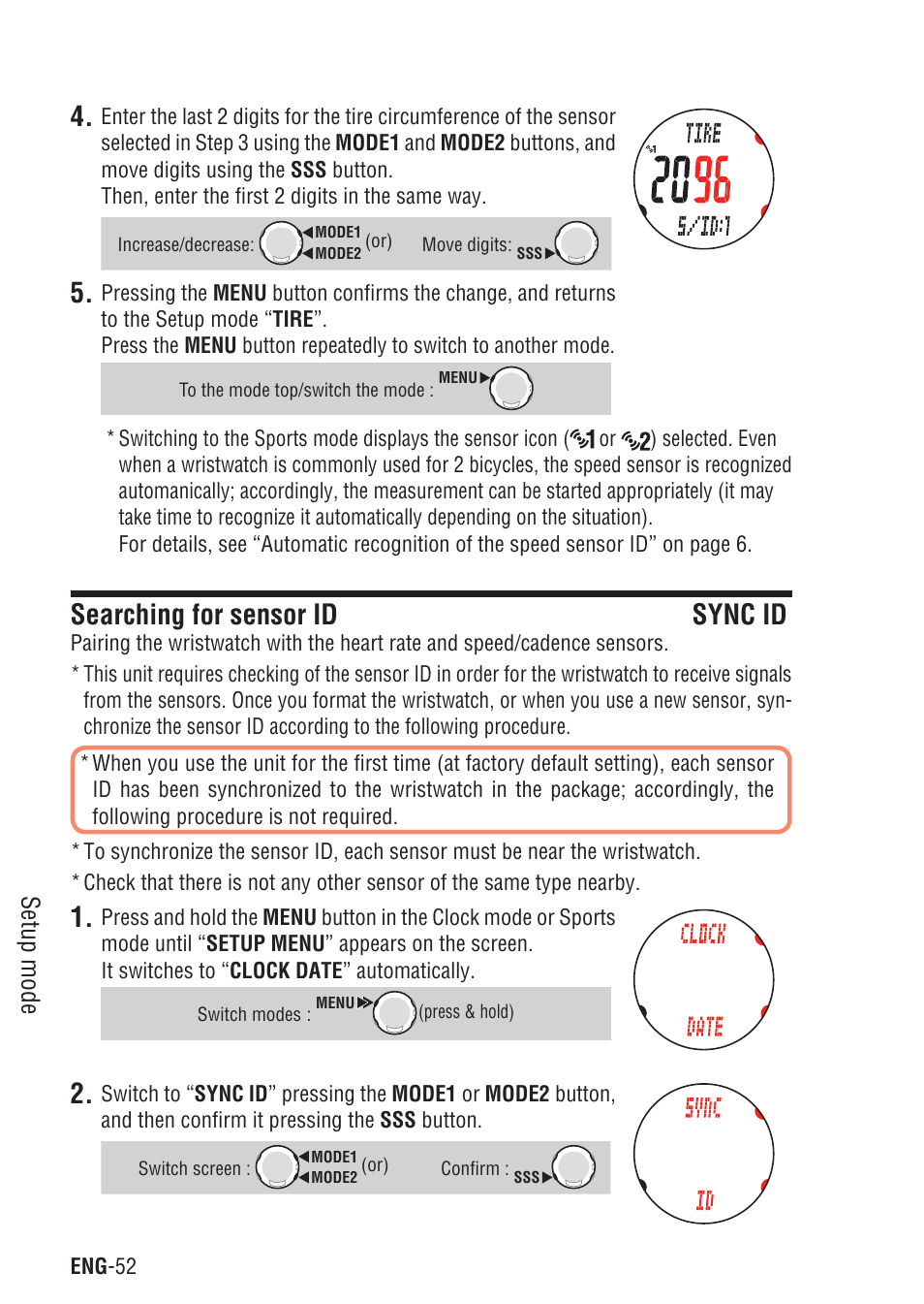 Searching for sensor id sync id, Searching for sensor id, Setup mode | CatEye Q3 User Manual | Page 53 / 79