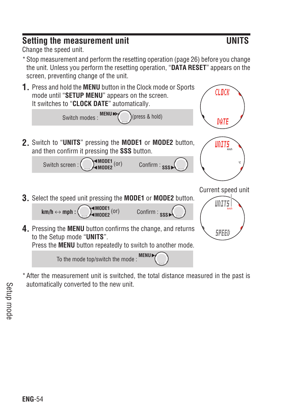Setting the measurement unit units, Setting the measurement unit, Setup mode | CatEye Q3 User Manual | Page 55 / 79