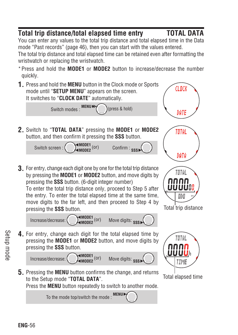 Total trip distance/total, Elapsed time entry, Setup mode | CatEye Q3 User Manual | Page 57 / 79