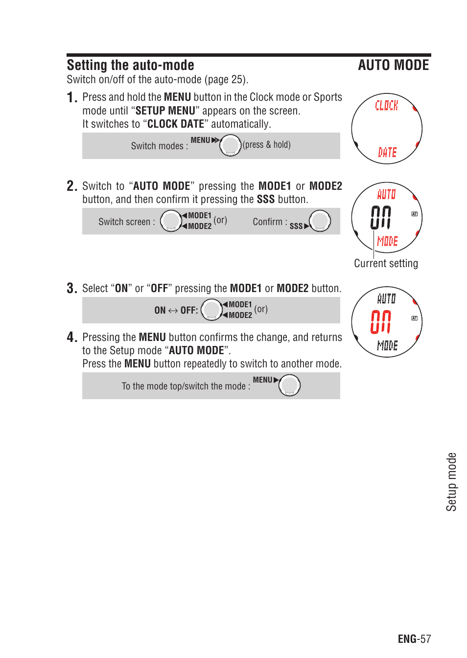 Setting the auto-mode auto mode, Setting the auto-mode, Setup mode | CatEye Q3 User Manual | Page 58 / 79