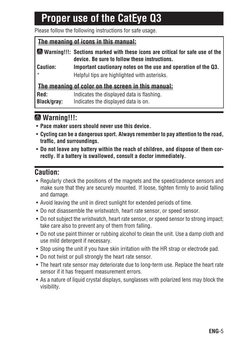 Proper use of the cateye q3, Warning, Caution | CatEye Q3 User Manual | Page 6 / 79