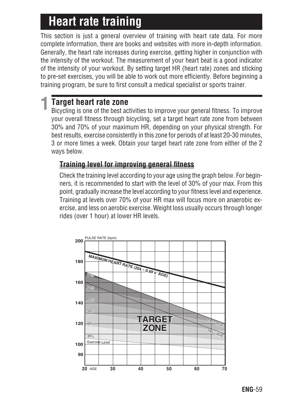 Heart rate training, Target heart rate zone, Target zone target zone | Training level for improving general fitness | CatEye Q3 User Manual | Page 60 / 79