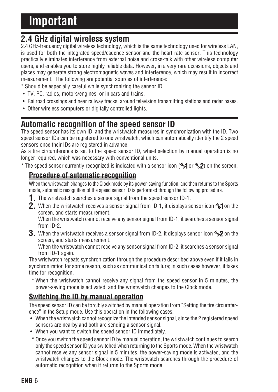 Important, 4 ghz digital wireless system, Automatic recognition of the speed sensor id | Procedure of automatic recognition, Switching the id by manual operation | CatEye Q3 User Manual | Page 7 / 79