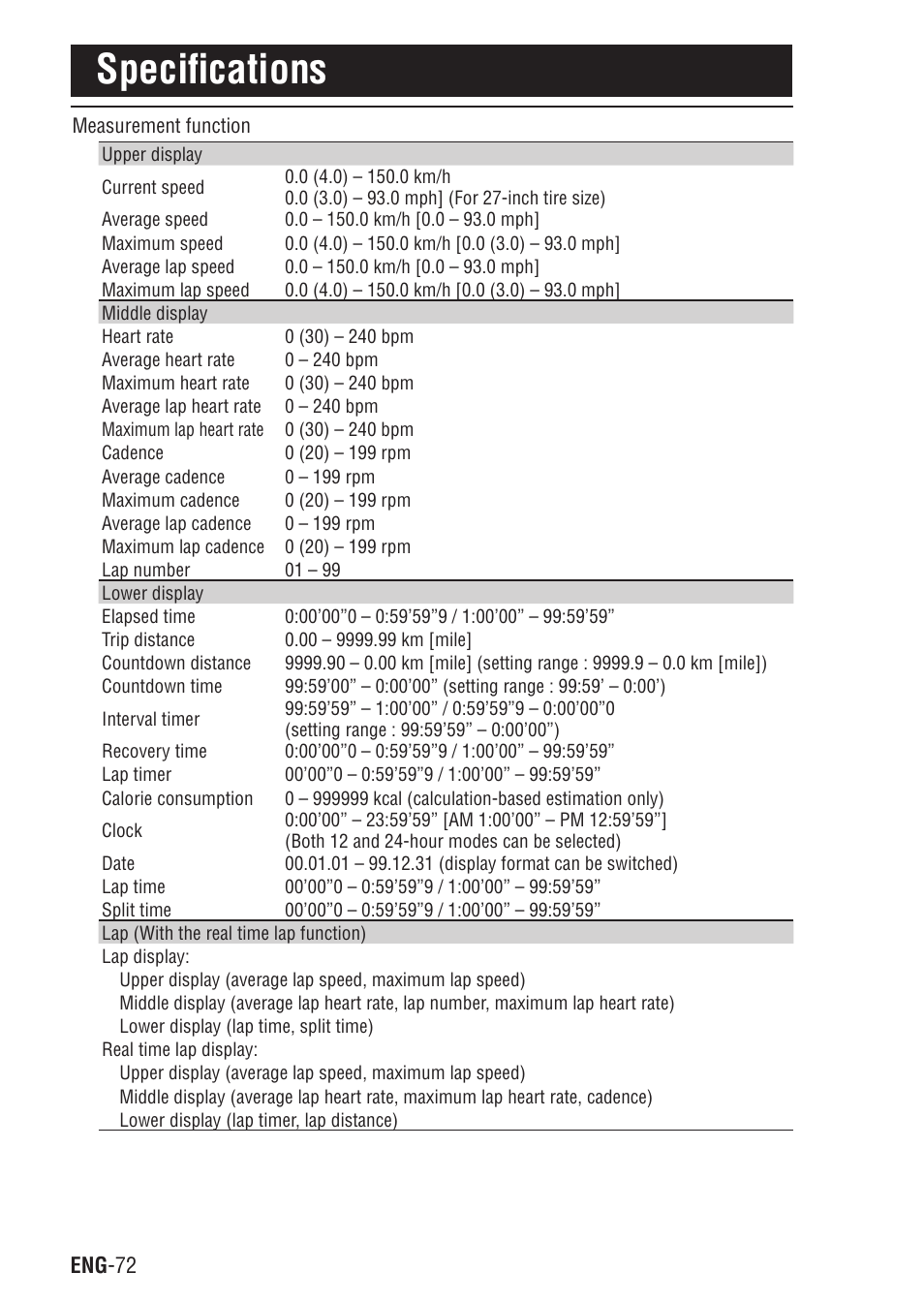 Specifications | CatEye Q3 User Manual | Page 73 / 79