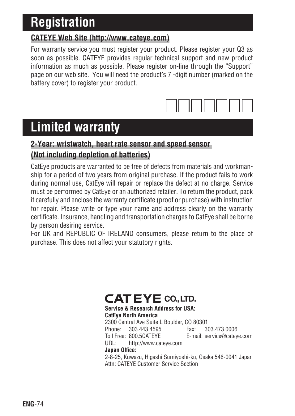 Registration, Limited warranty, Registration limited warranty | CatEye Q3 User Manual | Page 75 / 79