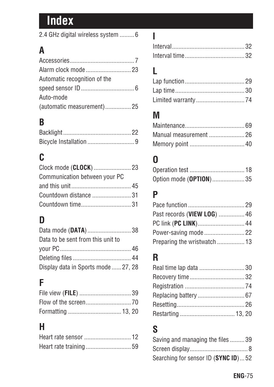 Index | CatEye Q3 User Manual | Page 76 / 79