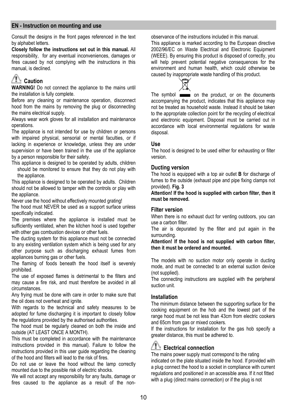 En - instruction on mounting and use, Caution, Ducting version | Filter version, Installation, Electrical connection | ELICA GLIDE User Manual | Page 10 / 96