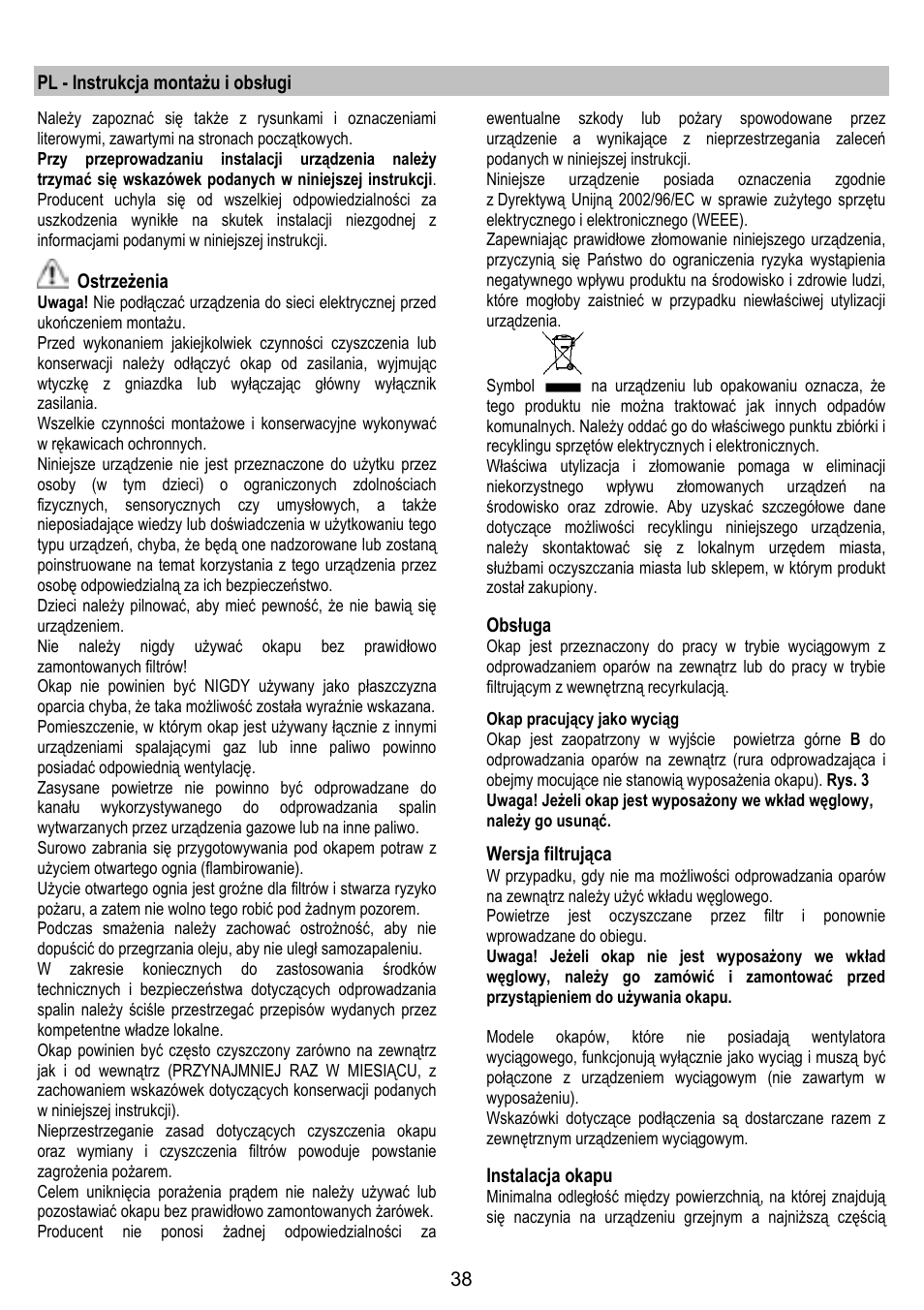 Pl - instrukcja montażu i obsługi, Ostrzeżenia, Obsługa | Wersja filtrująca, Instalacja okapu | ELICA GLIDE User Manual | Page 38 / 96