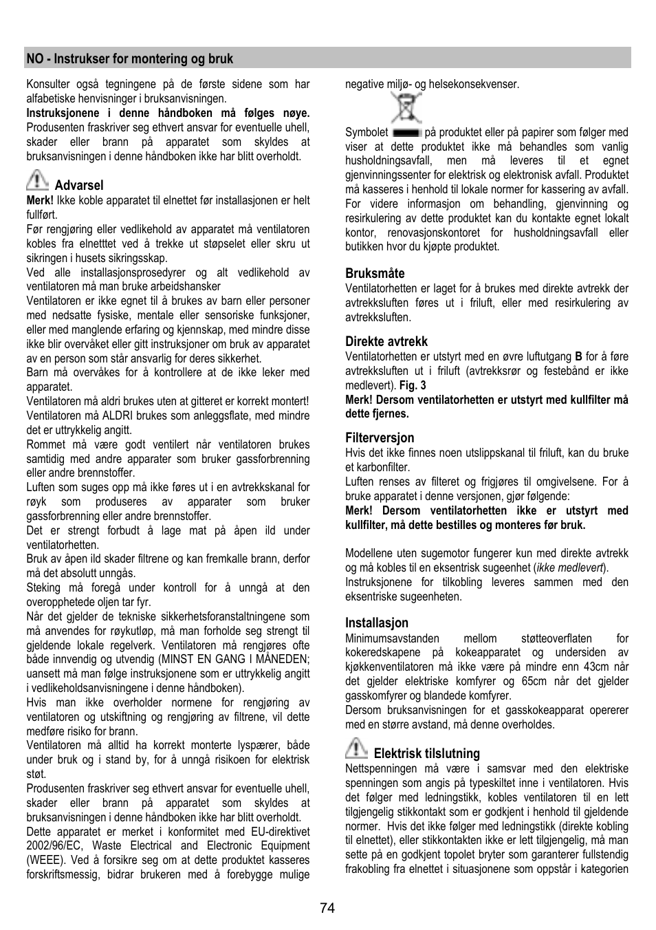 No - instrukser for montering og bruk, Advarsel, Bruksmåte | Direkte avtrekk, Filterversjon, Installasjon, Elektrisk tilslutning | ELICA GLIDE User Manual | Page 74 / 96