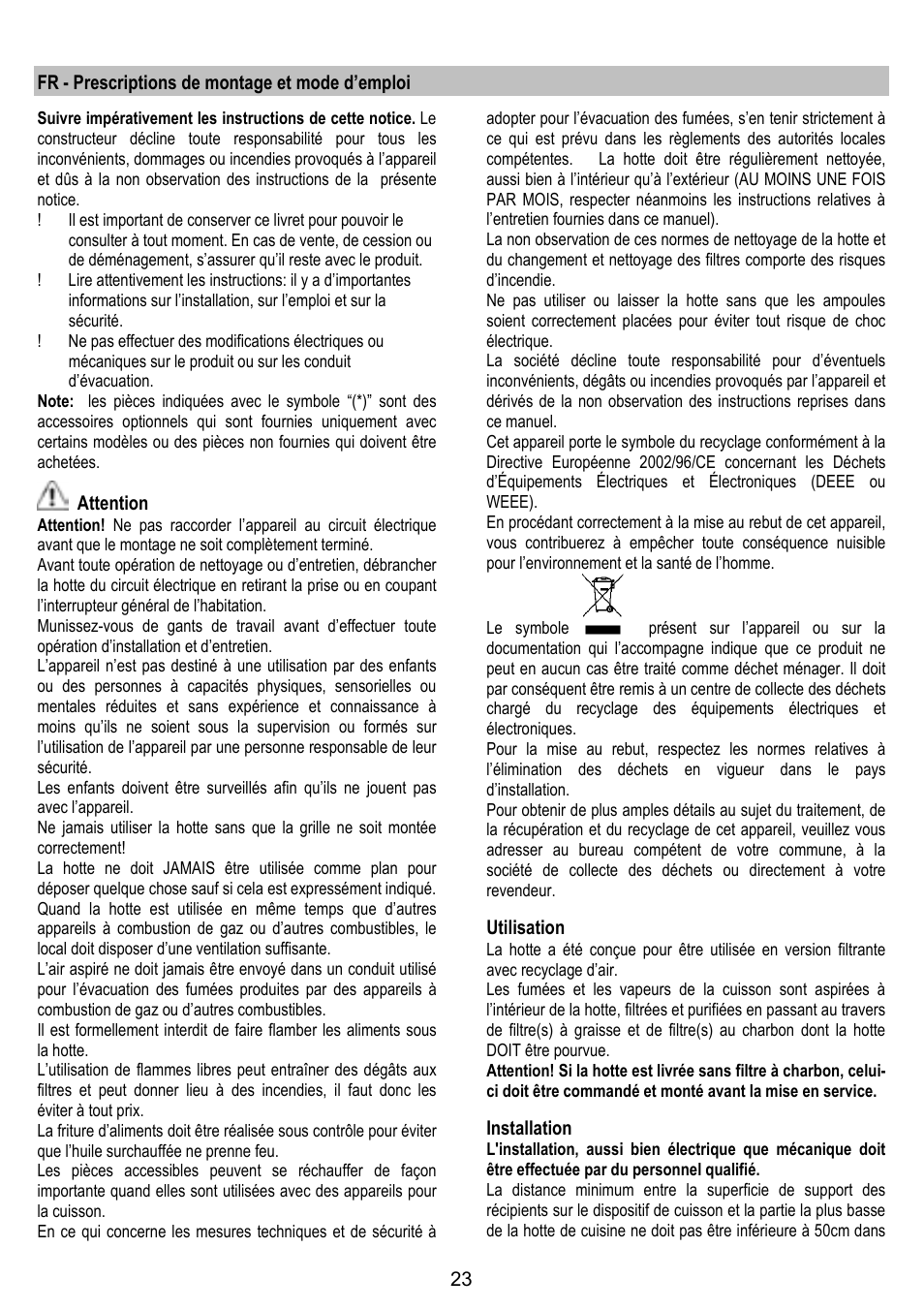 Fr - prescriptions de montage et mode d’emploi, Attention, Utilisation | Installation | ELICA GRACE User Manual | Page 23 / 116