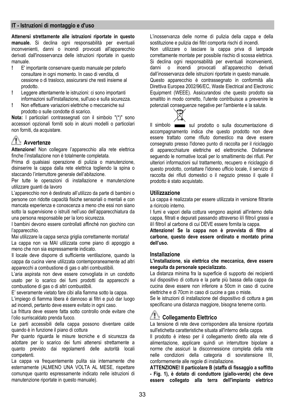 It - istruzioni di montaggio e d'uso, Avvertenze, Utilizzazione | Installazione, Collegamento elettrico | ELICA GRACE User Manual | Page 33 / 116