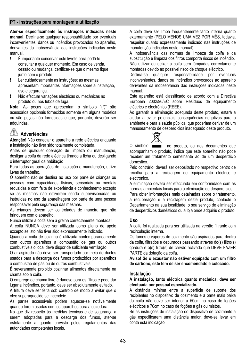 Pt - instruções para montagem e utilização, Advertências, Instalação | ELICA GRACE User Manual | Page 43 / 116