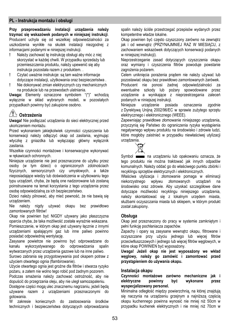 Pl - instrukcja montażu i obsługi, Ostrzeżenia, Obsługa | Instalacja okapu | ELICA GRACE User Manual | Page 53 / 116