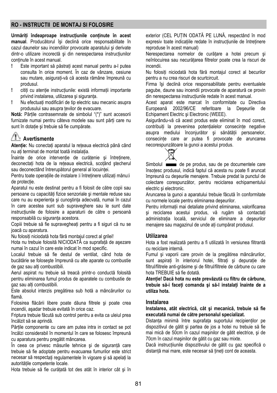 Ro - instructii de montaj si folosire, Avertismente, Utilizarea | Instalarea | ELICA GRACE User Manual | Page 81 / 116