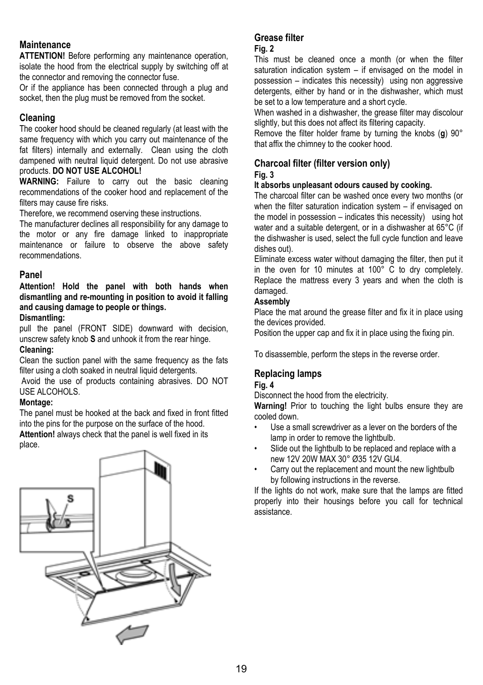 19 maintenance, Cleaning, Panel | Grease filter, Charcoal filter (filter version only), Replacing lamps | ELICA HORIZONTE User Manual | Page 19 / 68