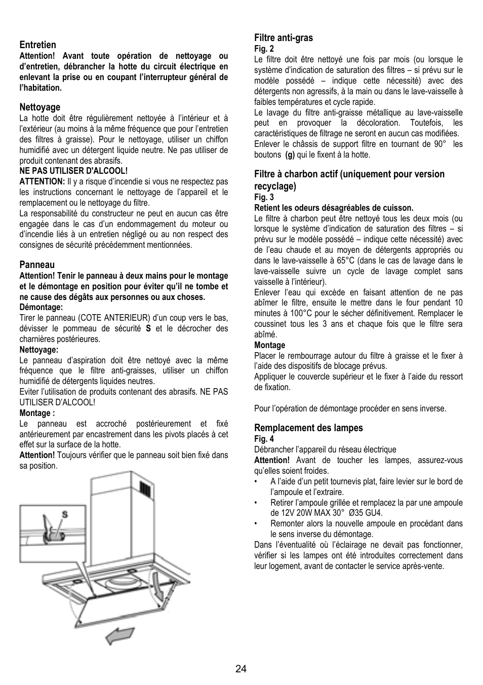 24 entretien, Nettoyage, Panneau | Filtre anti-gras, Remplacement des lampes | ELICA HORIZONTE User Manual | Page 24 / 68