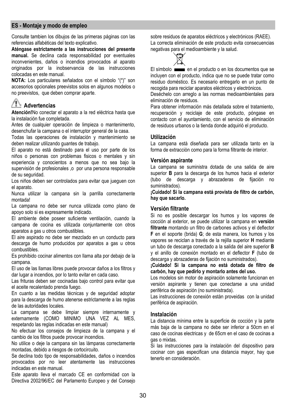 Es - montaje y modo de empleo, Advertencias, Utilización | Versión aspirante, Versión filtrante, Instalación | ELICA HORIZONTE User Manual | Page 30 / 68