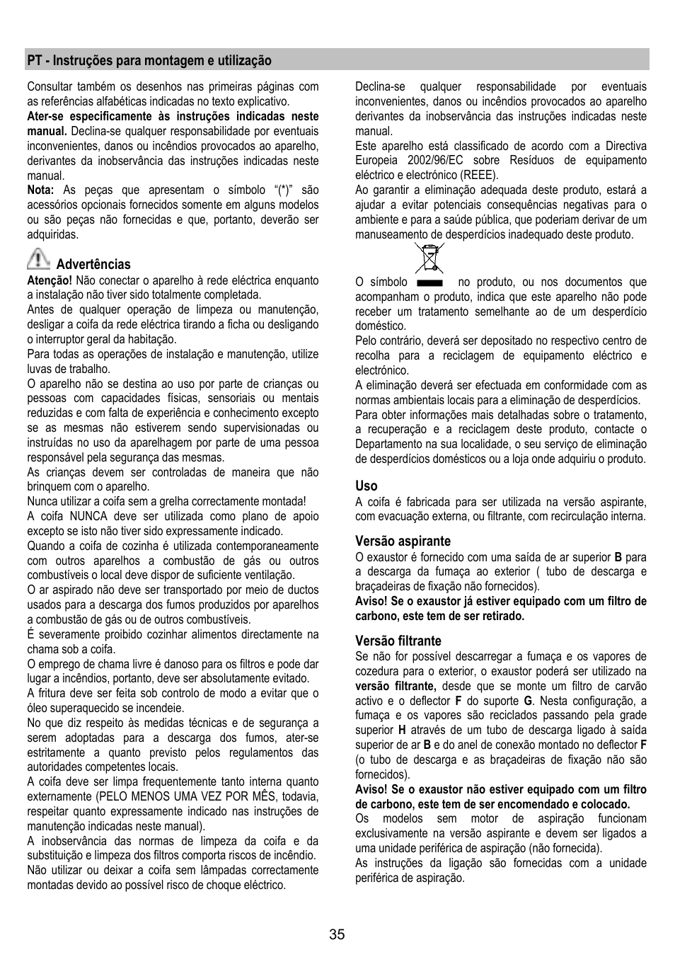 Pt - instruções para montagem e utilização, Advertências, Versão aspirante | Versão filtrante | ELICA HORIZONTE User Manual | Page 35 / 68