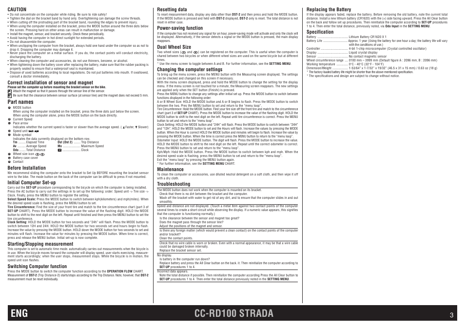 Eng cc-rd100 strada, Part names, Caution | Correct installation of sensor and magnet, Before installation, Initial computer set-up, Starting/stopping measurement, Switching computer function, Resetting data, Power-saving function | CatEye CC-RD100 User Manual | Page 3 / 3