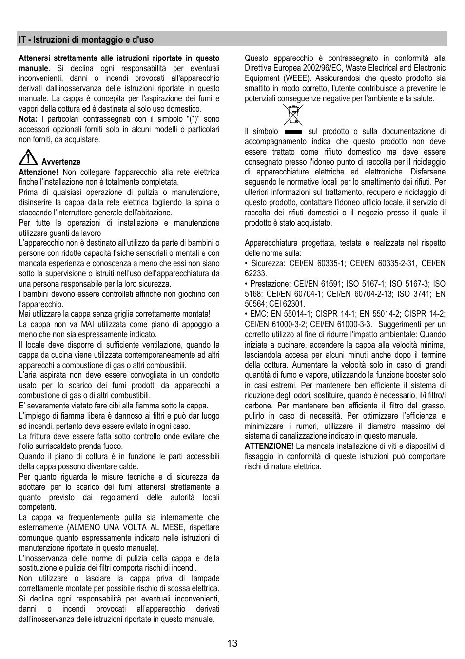 It - istruzioni di montaggio e d'uso | ELICA JUNO User Manual | Page 13 / 72