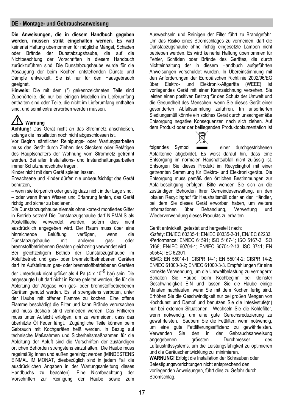 De - montage- und gebrauchsanweisung | ELICA JUNO User Manual | Page 17 / 72