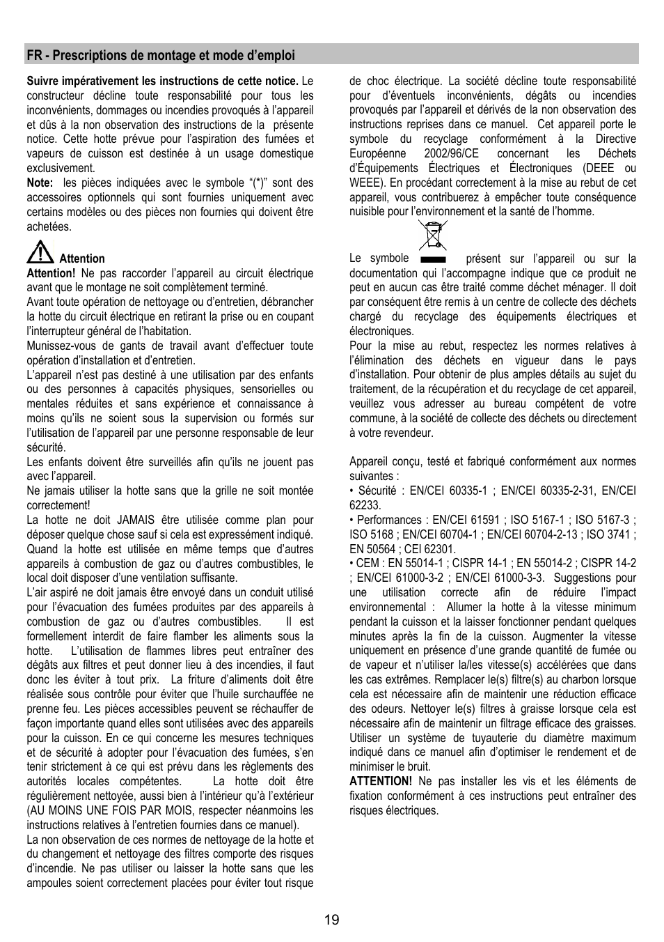 Fr - prescriptions de montage et mode d’emploi | ELICA JUNO User Manual | Page 19 / 72