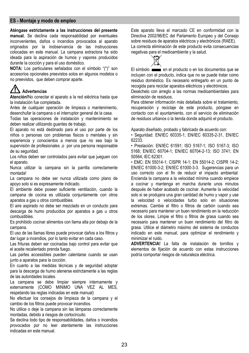 Es - montaje y modo de empleo | ELICA JUNO User Manual | Page 23 / 72