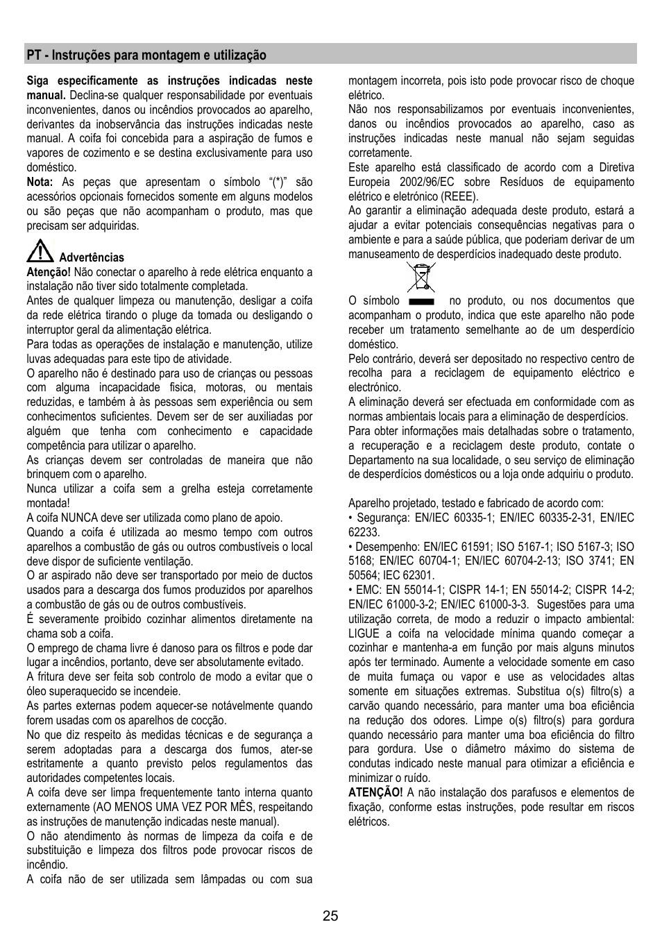 Pt - instruções para montagem e utilização | ELICA JUNO User Manual | Page 25 / 72