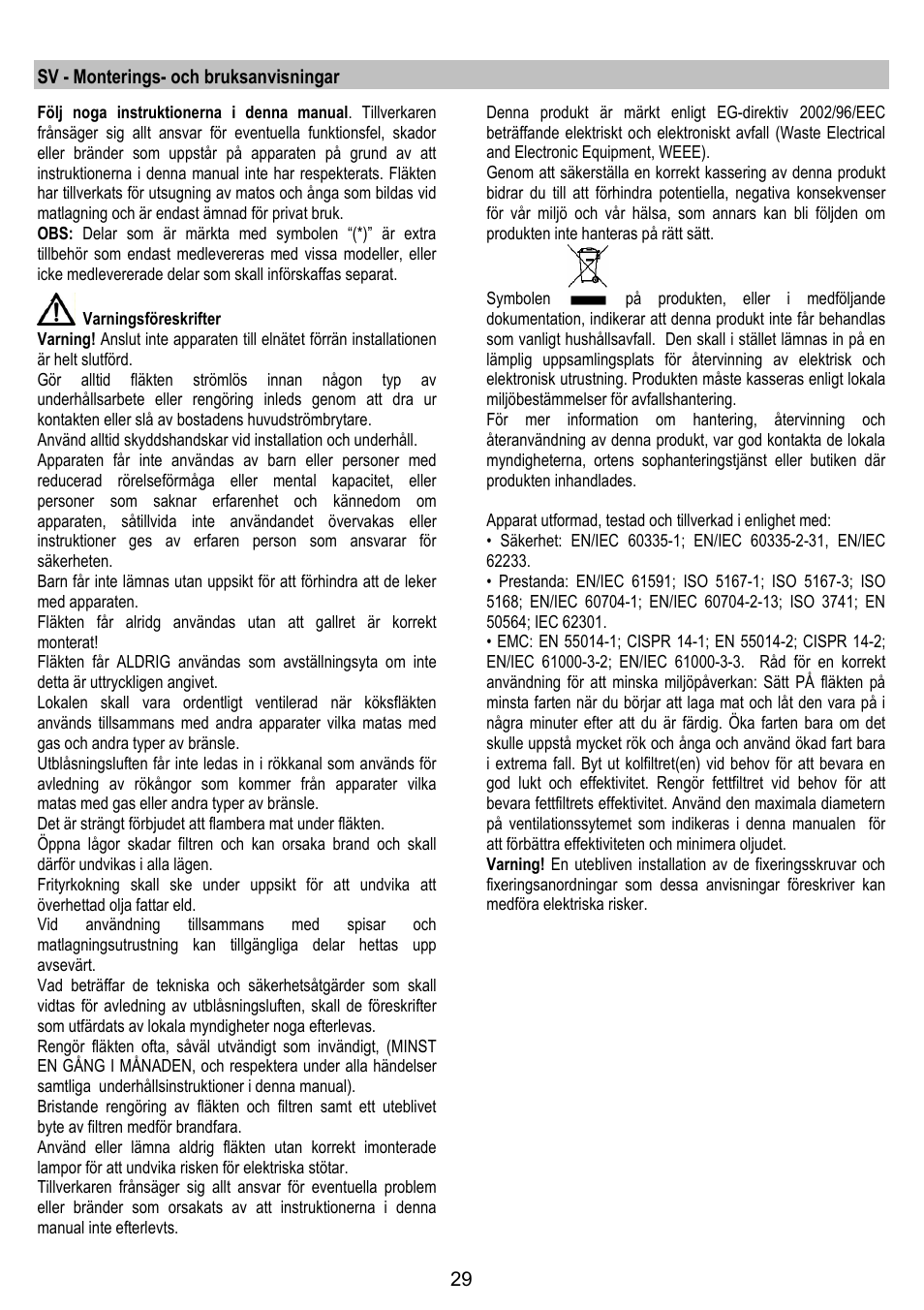 Sv - monterings- och bruksanvisningar | ELICA JUNO User Manual | Page 29 / 72