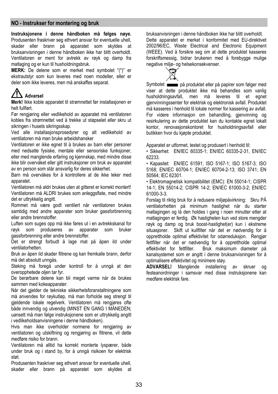 No - instrukser for montering og bruk | ELICA JUNO User Manual | Page 33 / 72