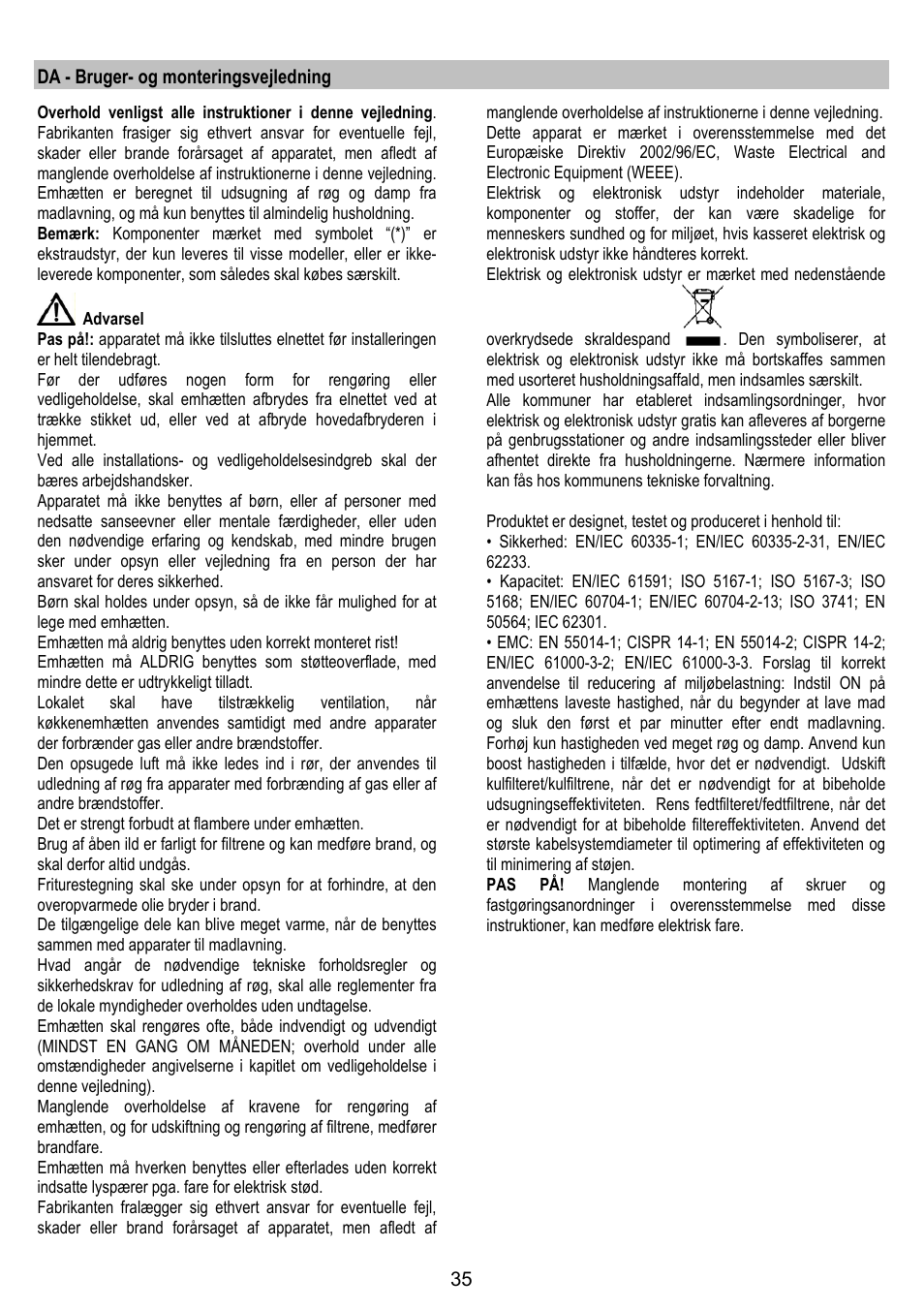 Da - bruger- og monteringsvejledning | ELICA JUNO User Manual | Page 35 / 72