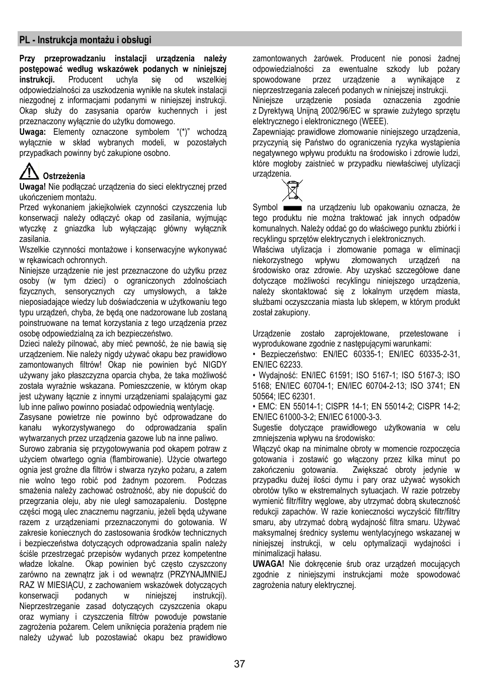 Pl - instrukcja montażu i obsługi | ELICA JUNO User Manual | Page 37 / 72