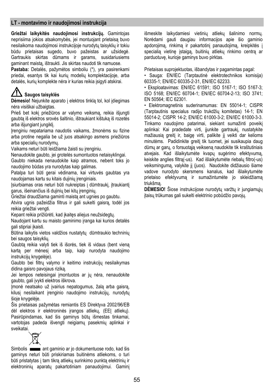 Lt - montavimo ir naudojimosi instrukcija | ELICA JUNO User Manual | Page 55 / 72