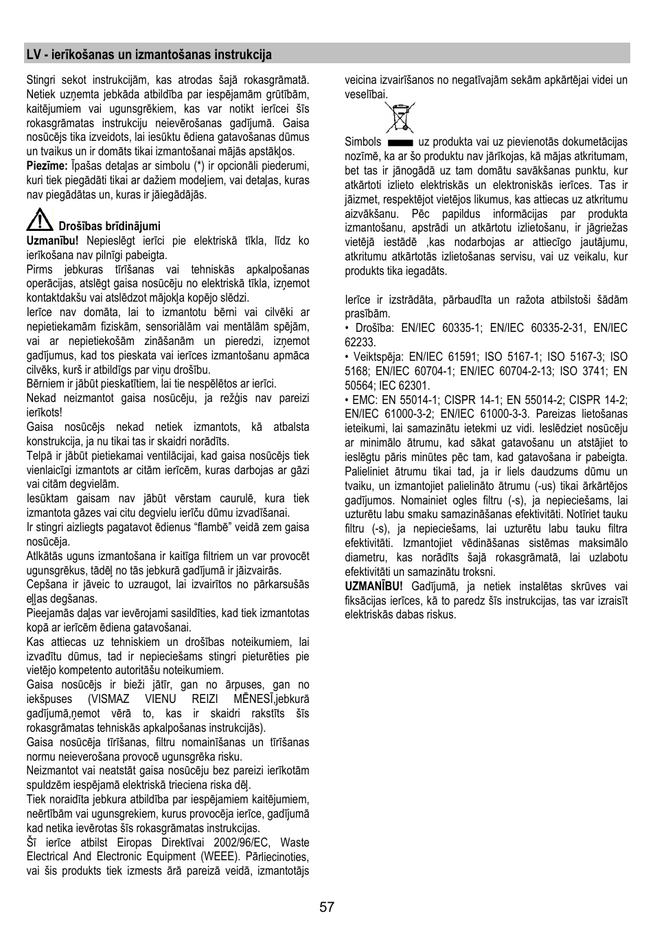 Lv - ierīkošanas un izmantošanas instrukcija | ELICA JUNO User Manual | Page 57 / 72