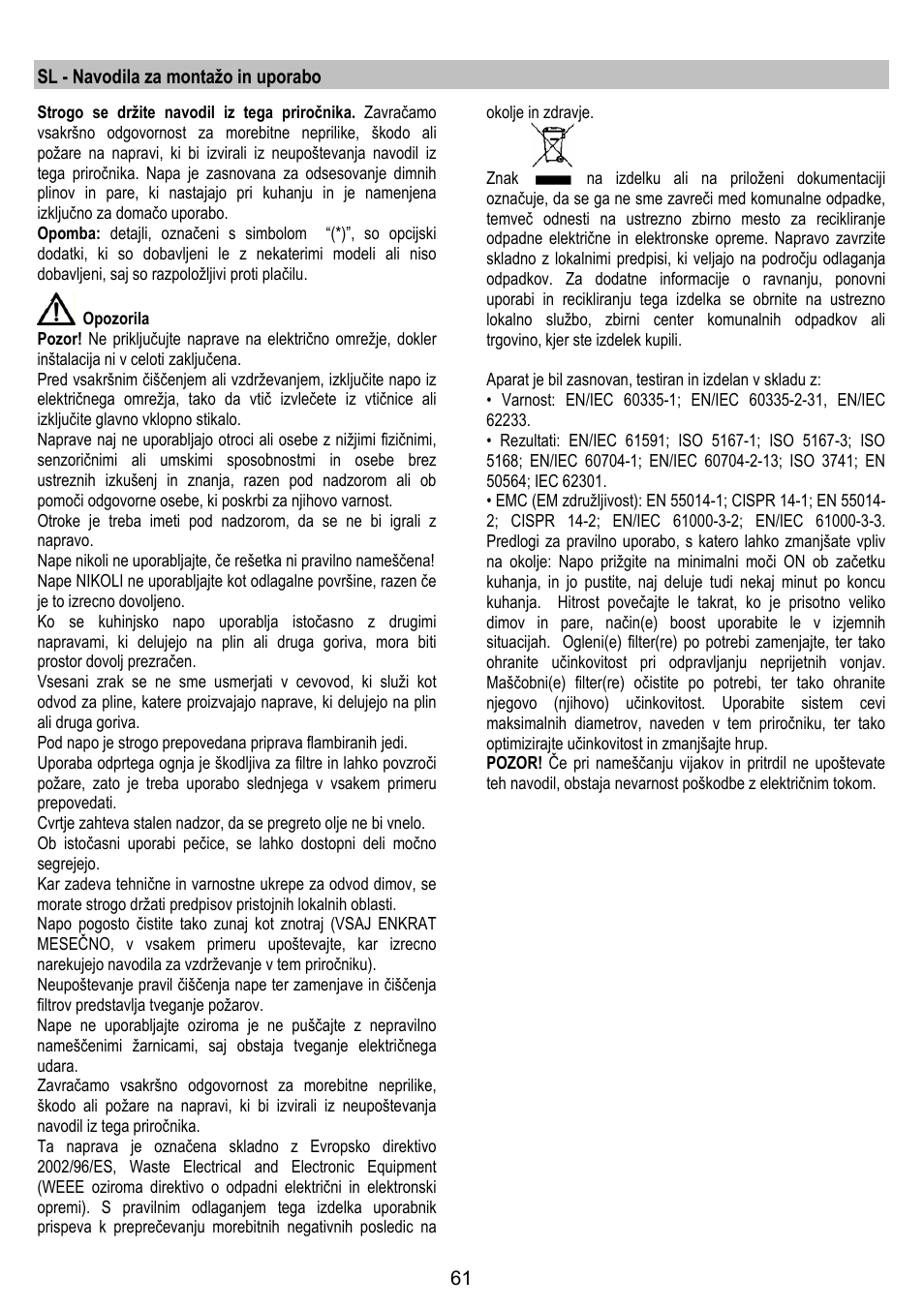 Sl - navodila za montažo in uporabo | ELICA JUNO User Manual | Page 61 / 72