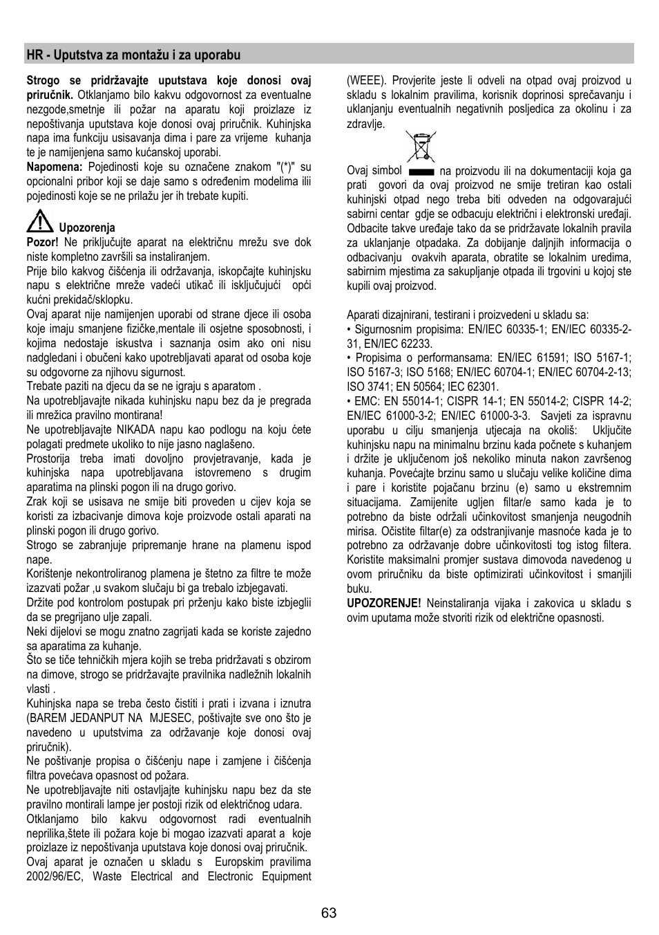 Hr - uputstva za montažu i za uporabu | ELICA JUNO User Manual | Page 63 / 72
