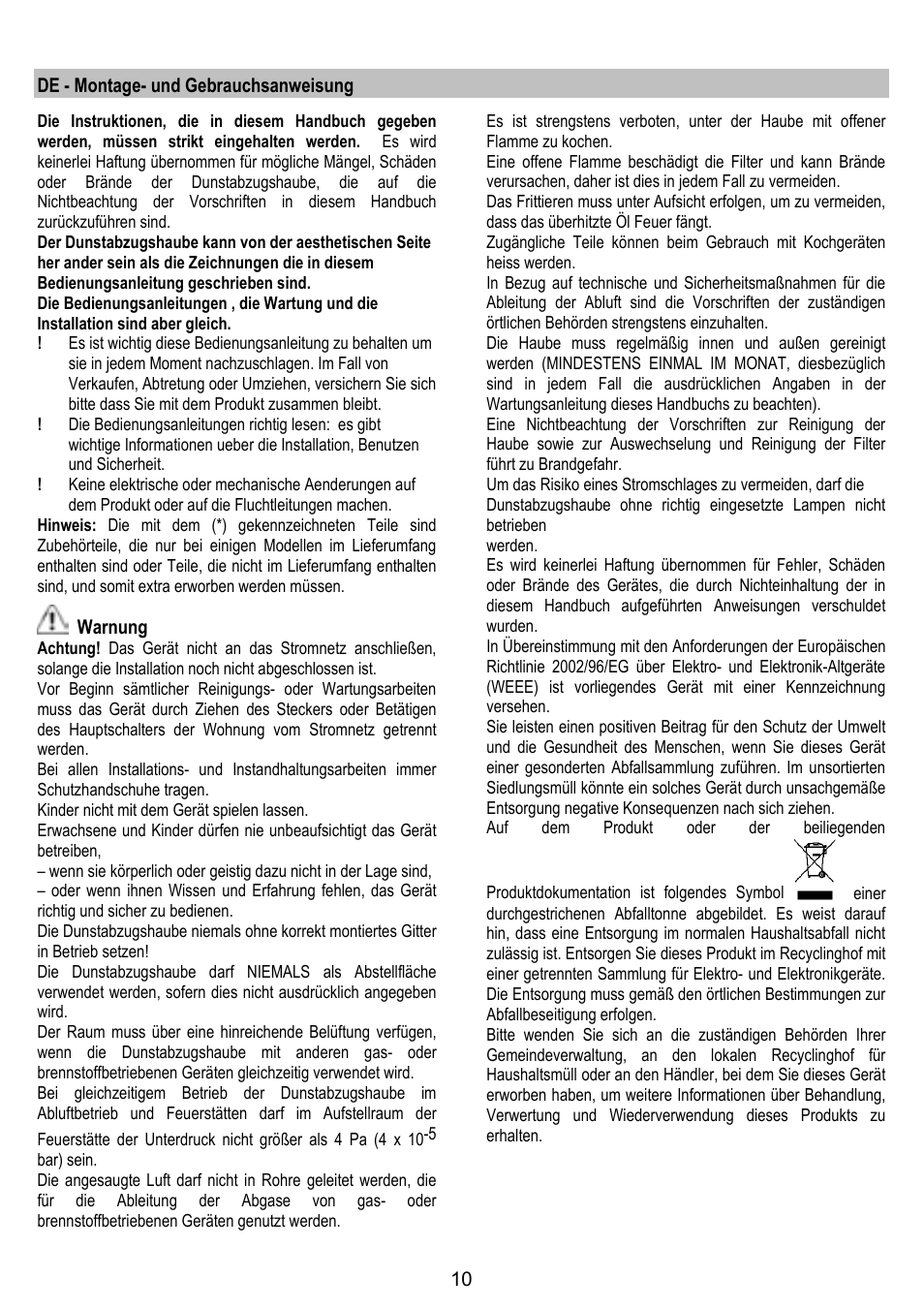 De - montage- und gebrauchsanweisung, Warnung | ELICA KUADRA User Manual | Page 10 / 96