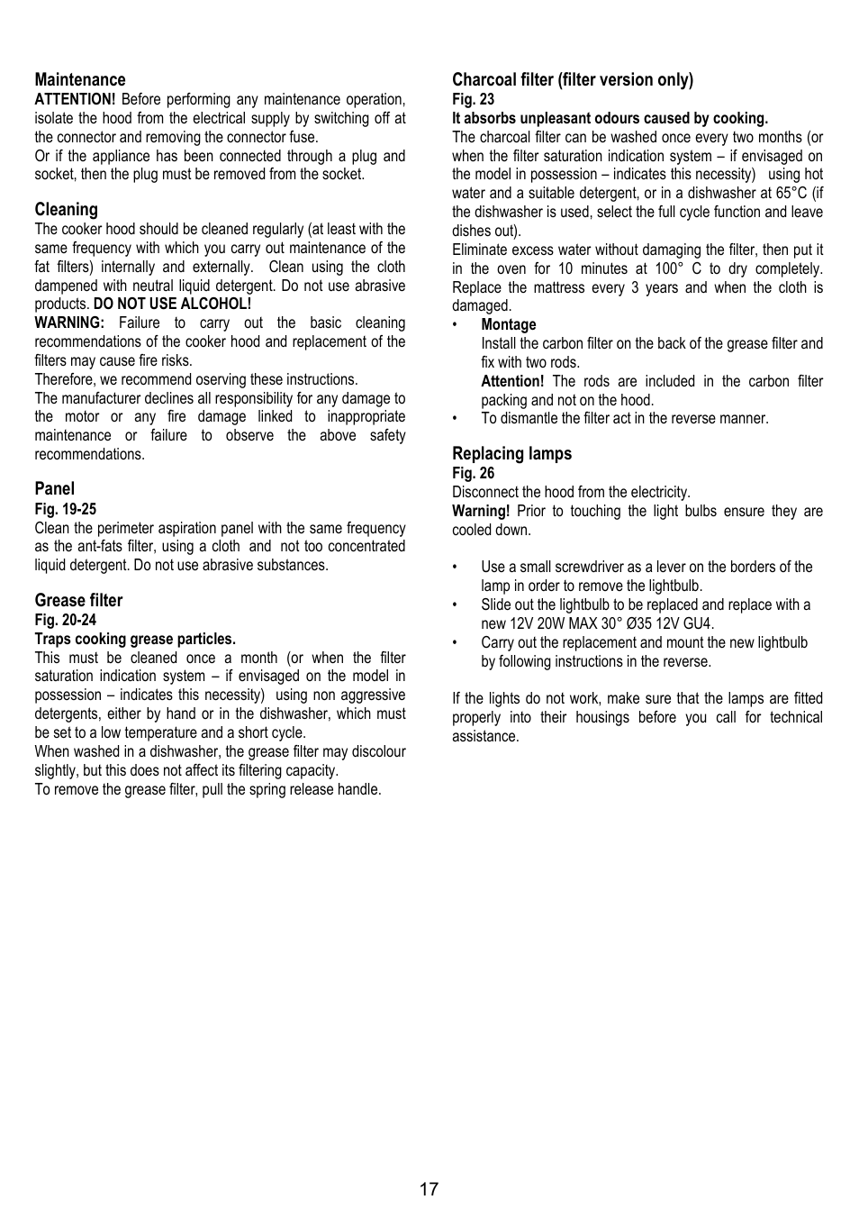 17 maintenance, Cleaning, Panel | Grease filter, Charcoal filter (filter version only), Replacing lamps | ELICA KUADRA User Manual | Page 17 / 96