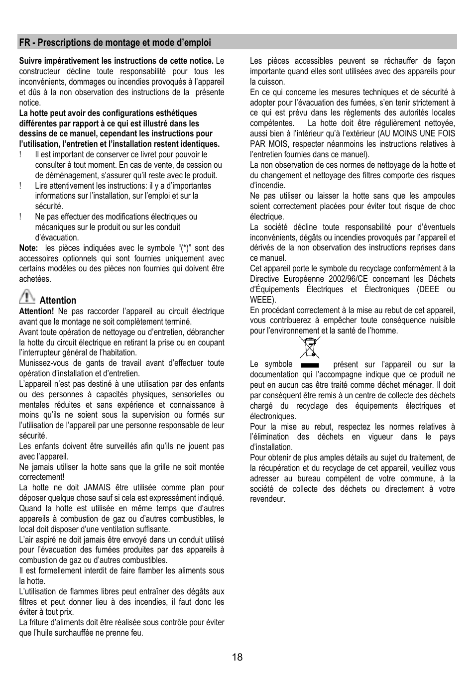 Fr - prescriptions de montage et mode d’emploi, Attention | ELICA KUADRA User Manual | Page 18 / 96