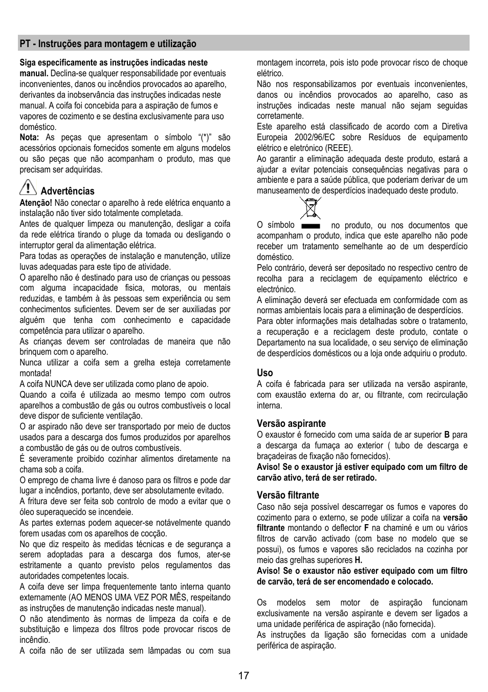 Pt - instruções para montagem e utilização, Advertências, Versão aspirante | Versão filtrante | ELICA MISSY User Manual | Page 17 / 64