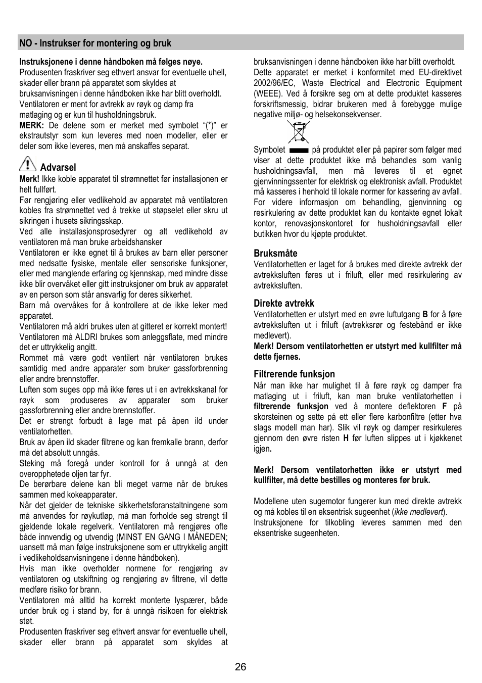 No - instrukser for montering og bruk, Advarsel, Bruksmåte | Direkte avtrekk, Filtrerende funksjon | ELICA MISSY User Manual | Page 26 / 64