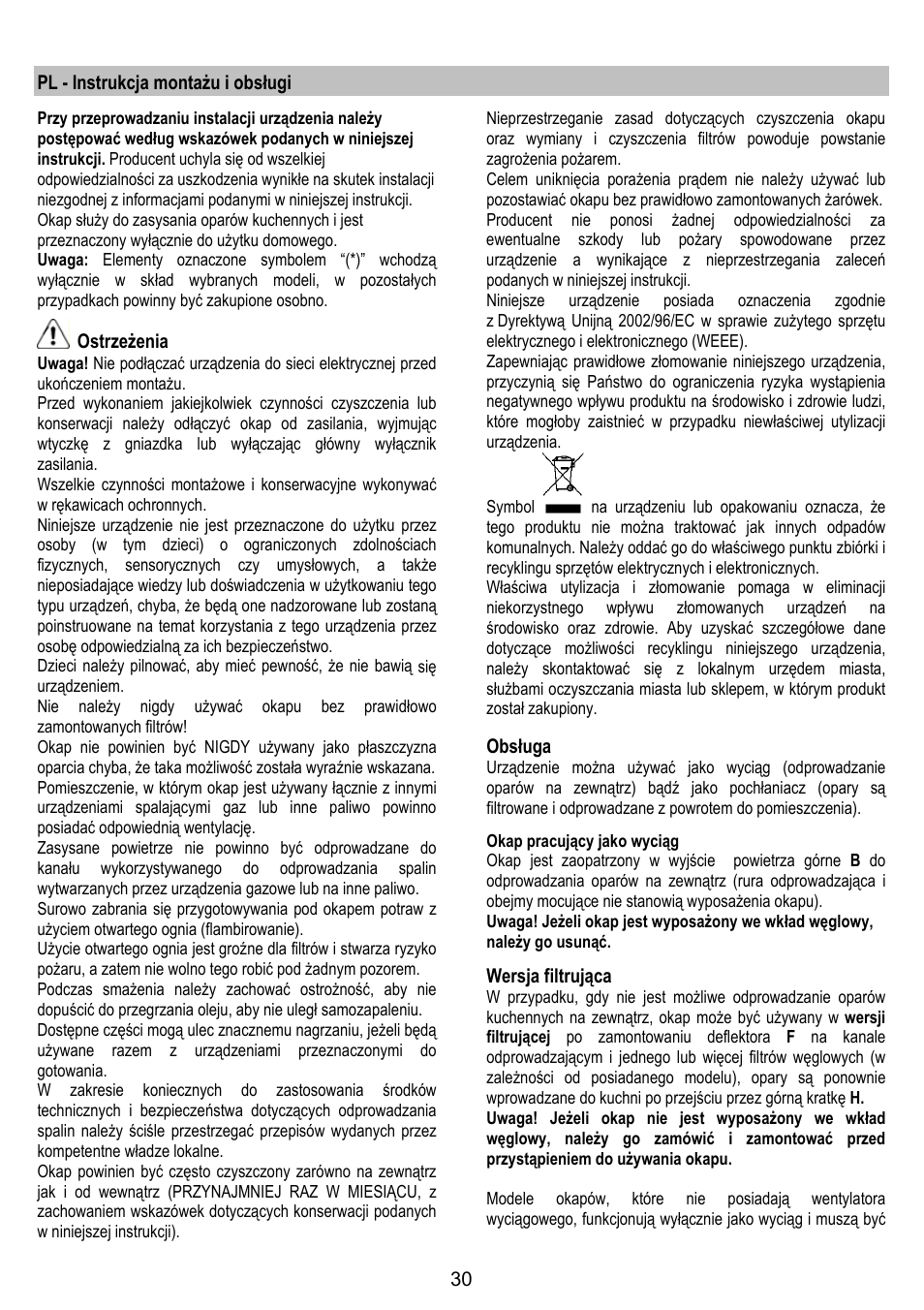 Pl - instrukcja montażu i obsługi, Ostrzeżenia, Obsługa | Wersja filtrująca | ELICA MISSY User Manual | Page 30 / 64