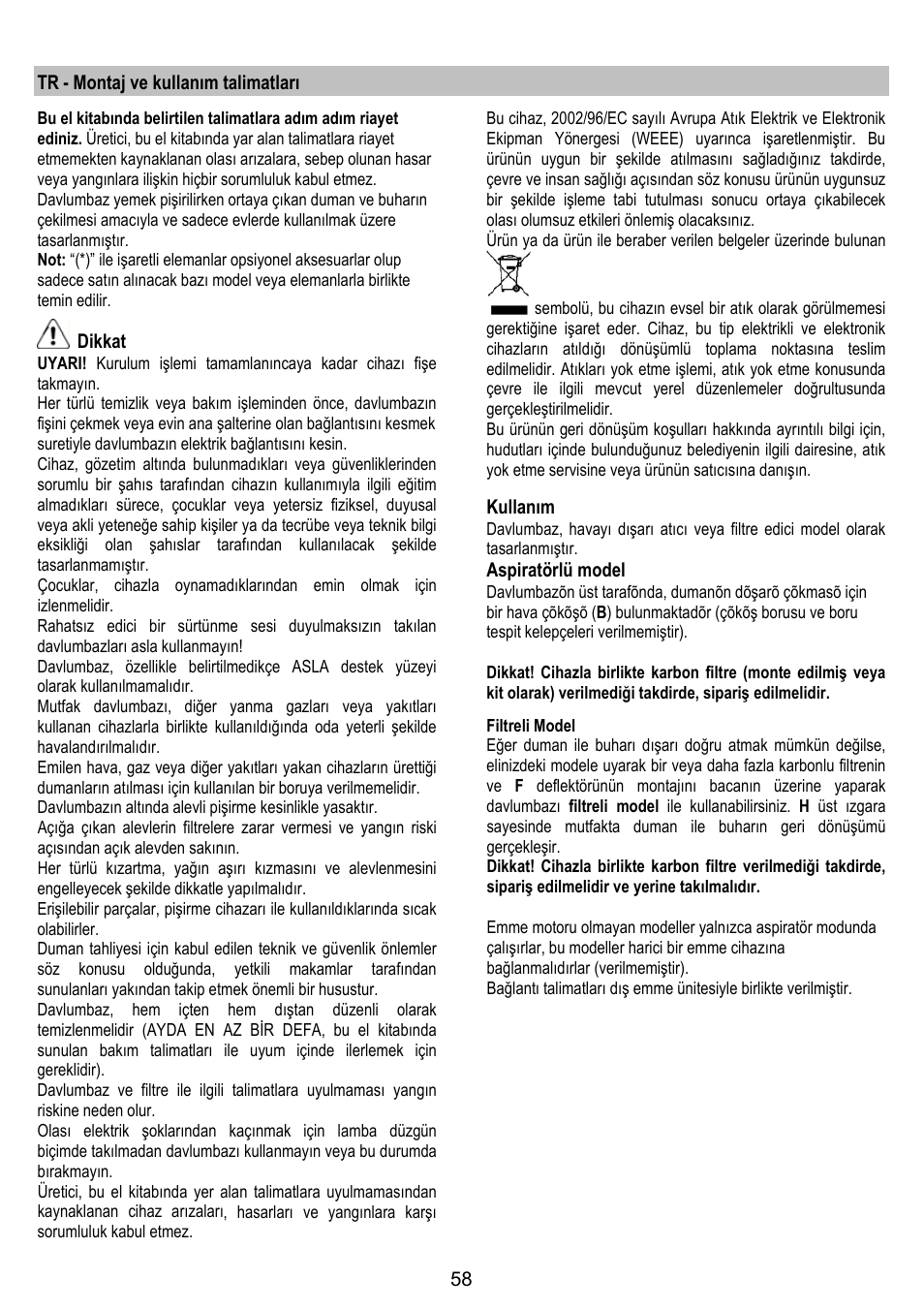 Tr - montaj ve kullanım talimatları, Dikkat, Kullanım | Aspiratörlü model | ELICA MISSY User Manual | Page 58 / 64