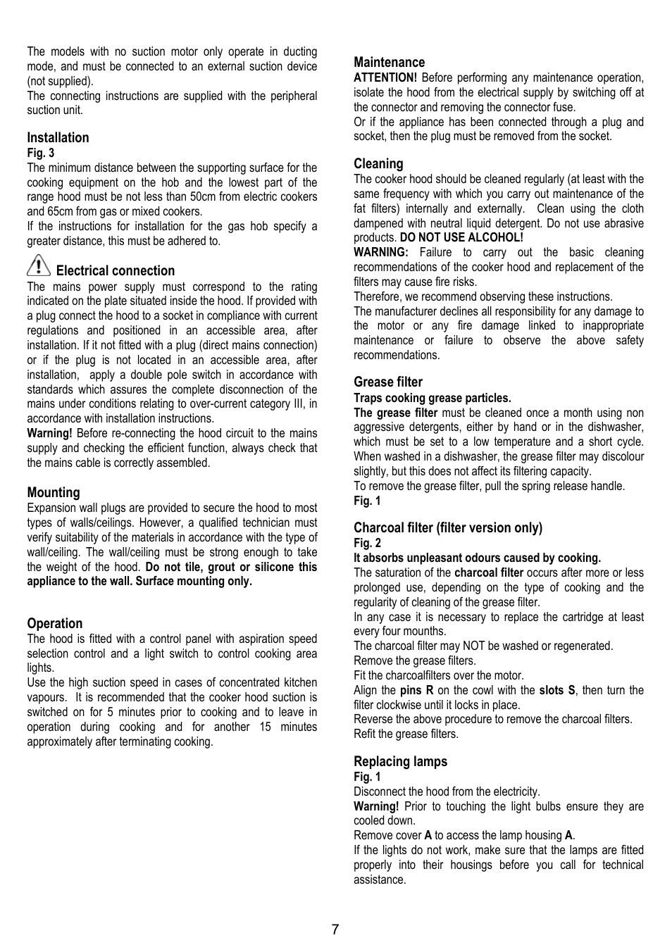 Installation, Electrical connection, Mounting | Operation, Maintenance, Cleaning, Grease filter, Charcoal filter (filter version only), Replacing lamps | ELICA MISSY User Manual | Page 7 / 64